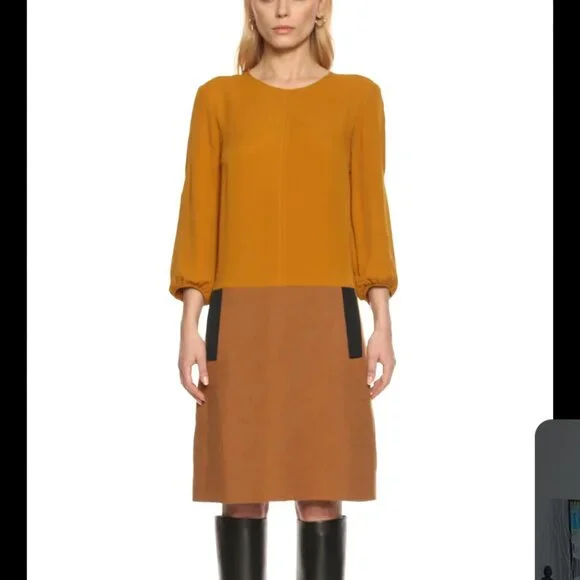 Longchamp Drop Waist Mustard and Tan/Brown Dress Sz 36 Linen Blend - Picture 2 of 7